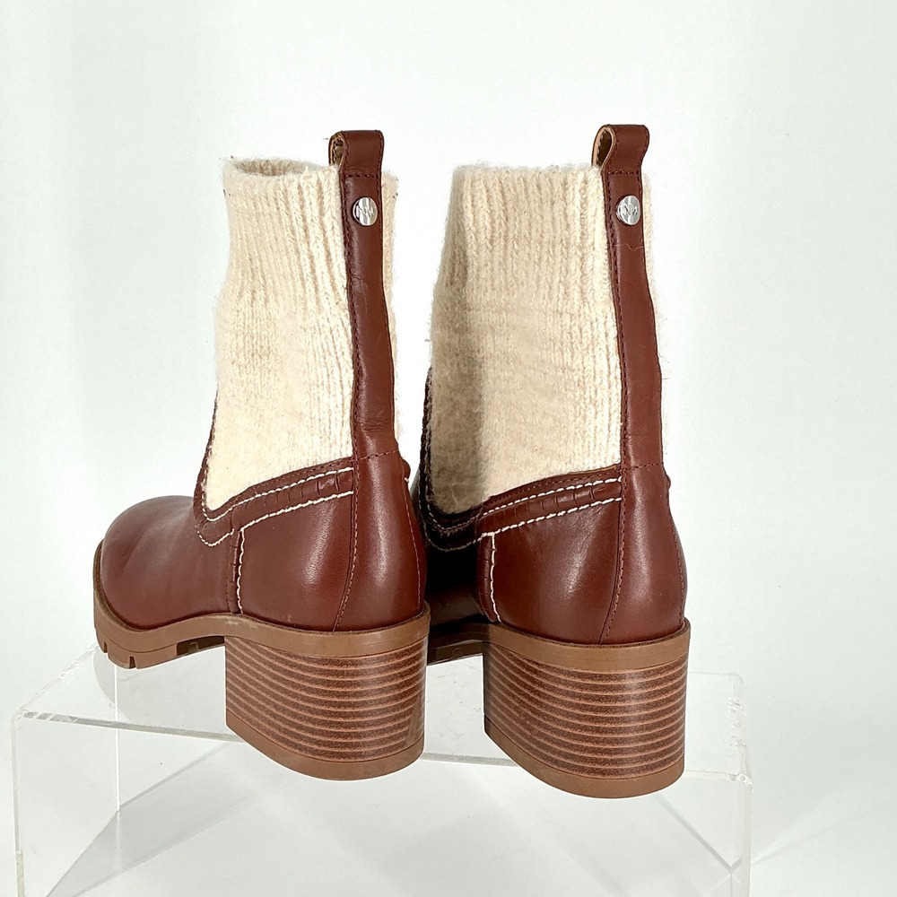 Nine West Size 7.5  Brown Leather Knit Lug Sole Ankle Boots Popit Stacked Heel - Picture 9 of 16